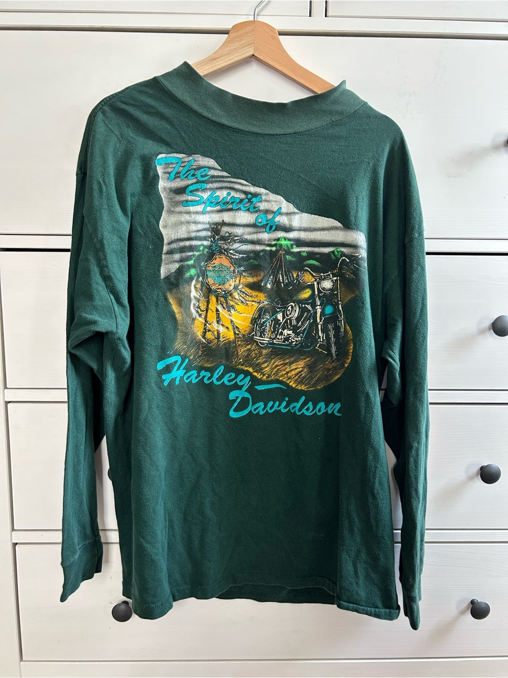 Harley-Davidson Forest Green Long-Sleeve Graphic Tee with Teal Script